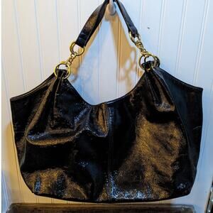 Hobo International Black Patent Leather Should Bag with Gold Hardware